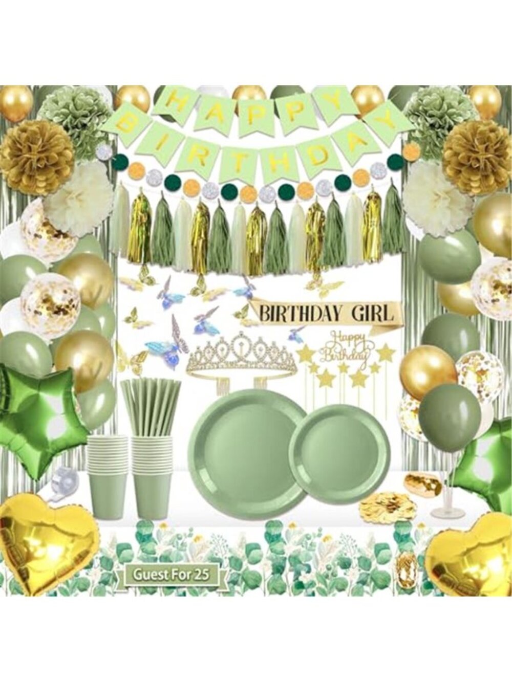 Sage Green Birthday Decorations 222 Piece Party Supplies Balloon Dinnerware Set